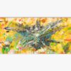 Ein farbenfrohes Acrylgemälde abstrakt, das eine Explosion aus gelben, orangen, grünen und blauen Farben zeigt, die sich in alle Richtungen ausbreiten. Das Wandbild ist voller Positiver Energie. Ideal für Wohnzimmer und Büro. Die kräftigen Pinselstriche und Farbspritzer schaffen eine dynamische und energetische Komposition, die an die Lebendigkeit und Bewegung eines Sonnenaufgangs erinnert