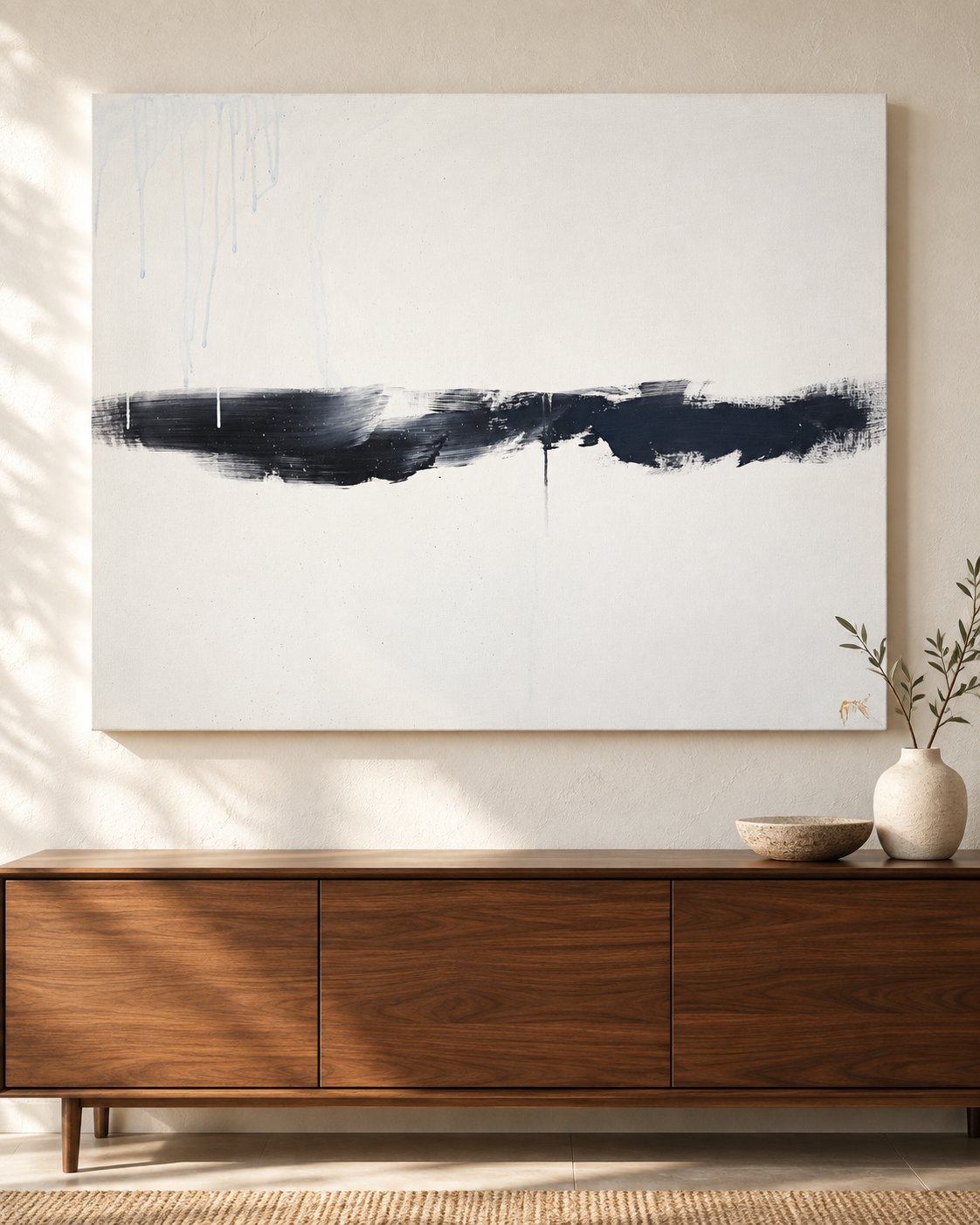 Modern Dream – Abstraktes Originalgemälde in Schwarz-Weiß mit zartem Blau – Bild 2