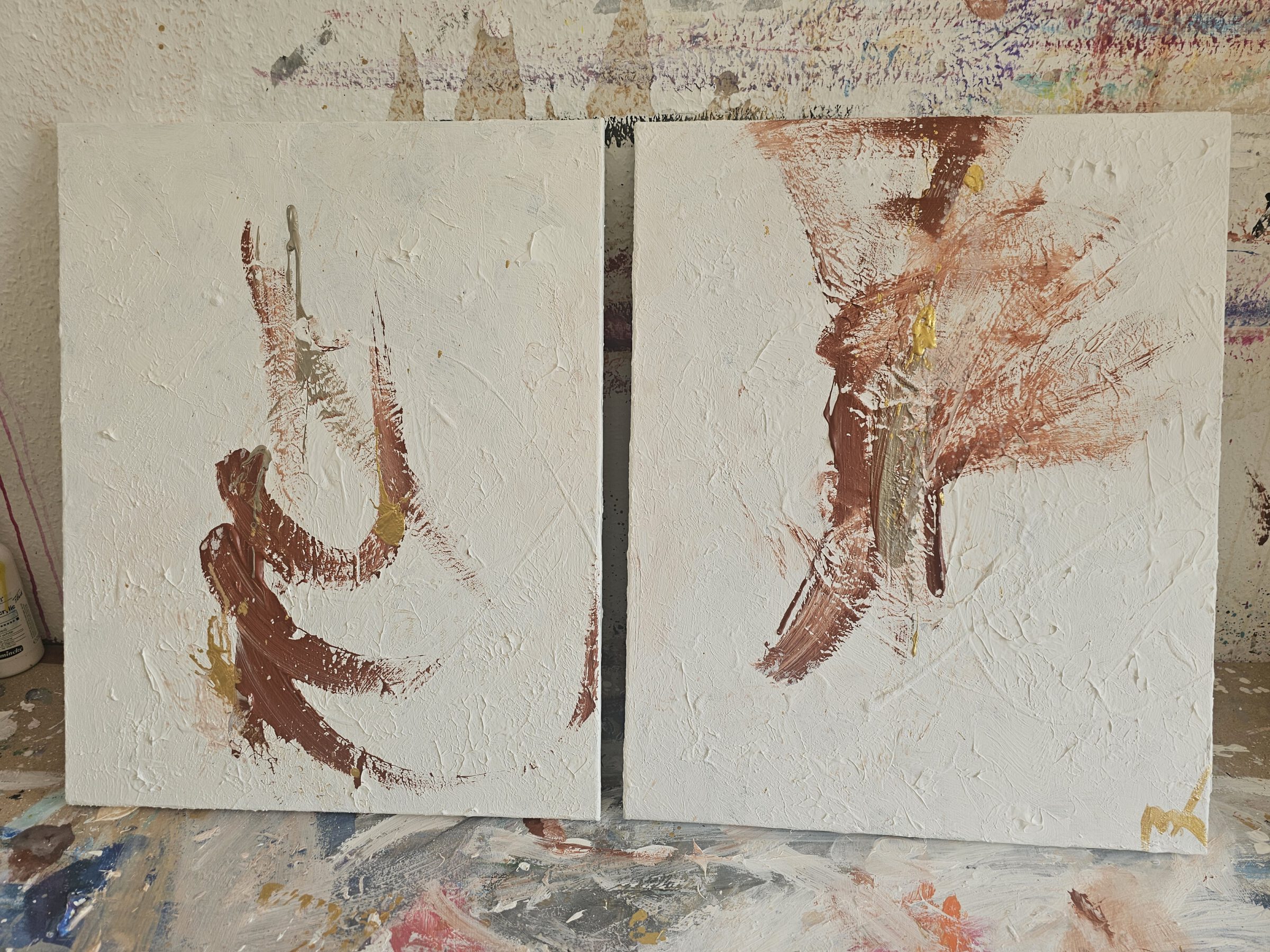 Modernes Acrylbild zweiteilig mit braun, gold metallic, gold