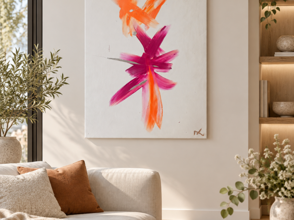 Modernes Wandbiled im Wohnzimmer Abstrakt in orange lila silber und weiss